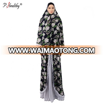 new design women flower printed maxi dresses and long hijab sets lady Muslim prayer abaya