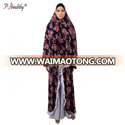 P.Healthy latest hot sale flower printing Muslim prayer clothe with lace ruffles